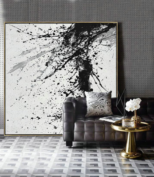 Large Abstract Painting Canvas Art,Minimalist Drip Painting On Canvas, Black, White, Grey - Abstract Art Decor,Contemporary Painting